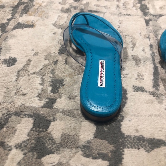New Manolo Blahnik Blue Teal Susina Crisscross Toe-Strap Flat Sandals Size 37 - Picture 6 of 12